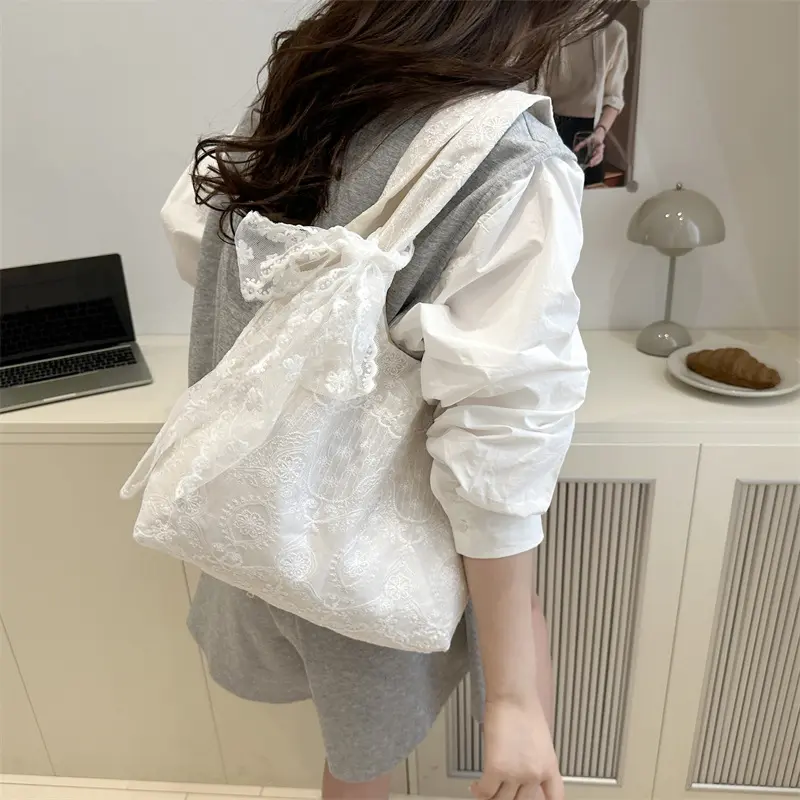 Casual Lace Embroidery Shoulder Bags for Women Simple Versatile Ladies Handbags Large Tote Lightweight Commuter Female Vest Bag