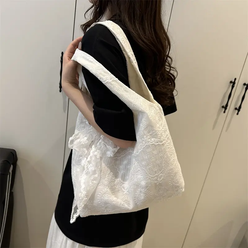 Casual Lace Embroidery Shoulder Bags for Women Simple Versatile Ladies Handbags Large Tote Lightweight Commuter Female Vest Bag