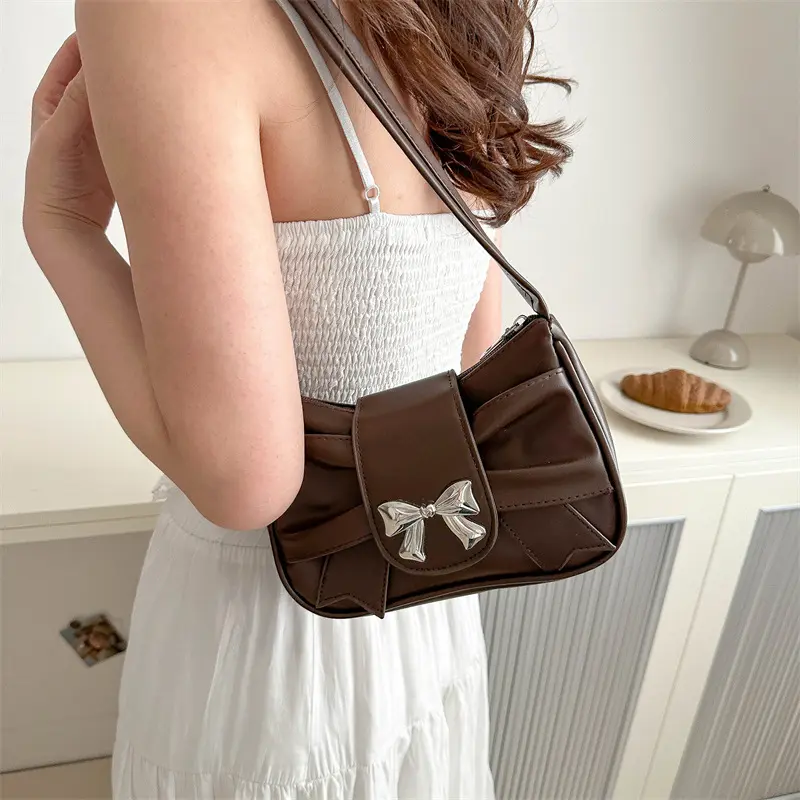 Sweet Bow Small Underarm Bag for Women Fashion PU Leather Ladies Portable Shoulder Bags Solid Color Female Clutch Handbags