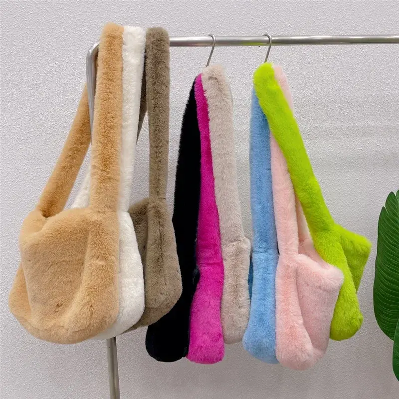 Soft Faux Fur Ladies Messenger Bags Fashion Large Capacity Plush Women's Shoulder Bag Simple Solid Color Female Fluffy Handbags