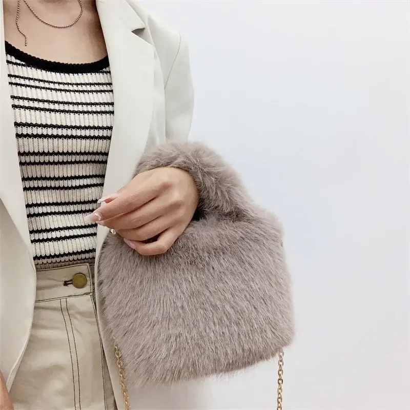 Fashion Luxury Fake Fur Women's Shoulder Bag Sweet Cool Chain Plush Ladies Messenger Bags Simple Solid Color Female Tote Handbag