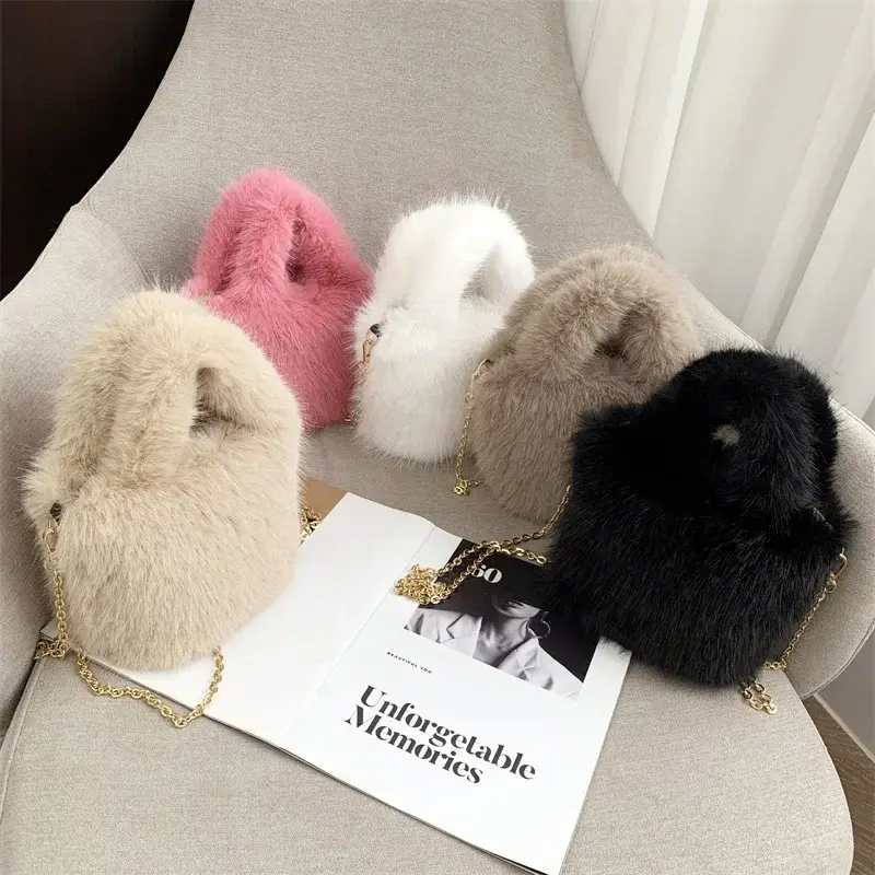 Fashion Luxury Fake Fur Women's Shoulder Bag Sweet Cool Chain Plush Ladies Messenger Bags Simple Solid Color Female Tote Handbag