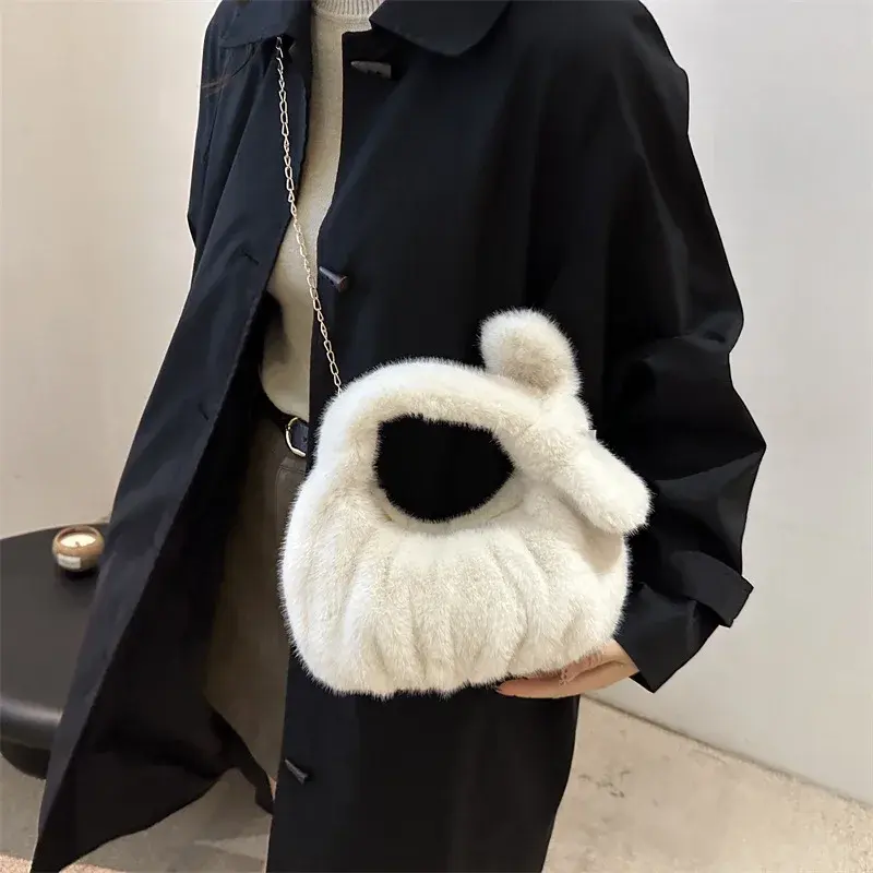 Solid Color Pleated Women's Handbags Faux Fur Shoulder Bag Winter Fashion Ladies Small Tote Plush Female Chain Crossbody Bags