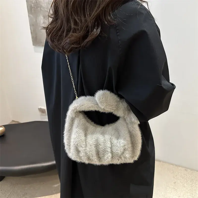 Solid Color Pleated Women's Handbags Faux Fur Shoulder Bag Winter Fashion Ladies Small Tote Plush Female Chain Crossbody Bags