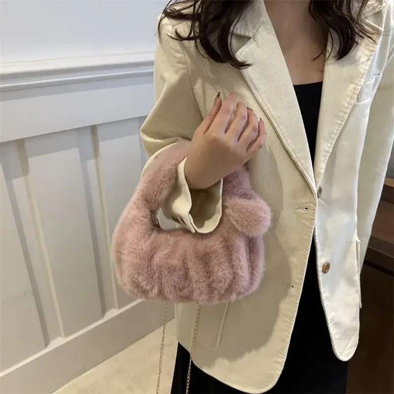 Solid Color Pleated Women's Handbags Faux Fur Shoulder Bag Winter Fashion Ladies Small Tote Plush Female Chain Crossbody Bags