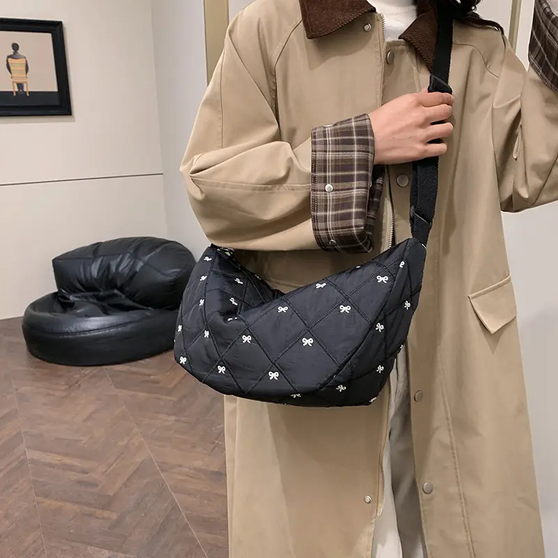 Sweet Bow Hobos Crossbody Bags for Women Quilted Plaid Ladies Shoulder Bag Casual Female Travel Handbags Underarm Bag Tote Purse