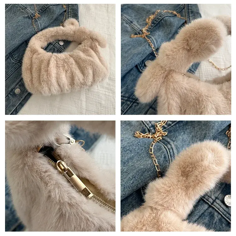 Solid Color Pleated Women's Handbags Faux Fur Shoulder Bag Winter Fashion Ladies Small Tote Plush Female Chain Crossbody Bags