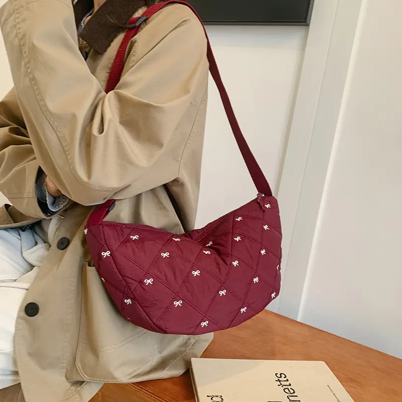 Sweet Bow Hobos Crossbody Bags for Women Quilted Plaid Ladies Shoulder Bag Casual Female Travel Handbags Underarm Bag Tote Purse
