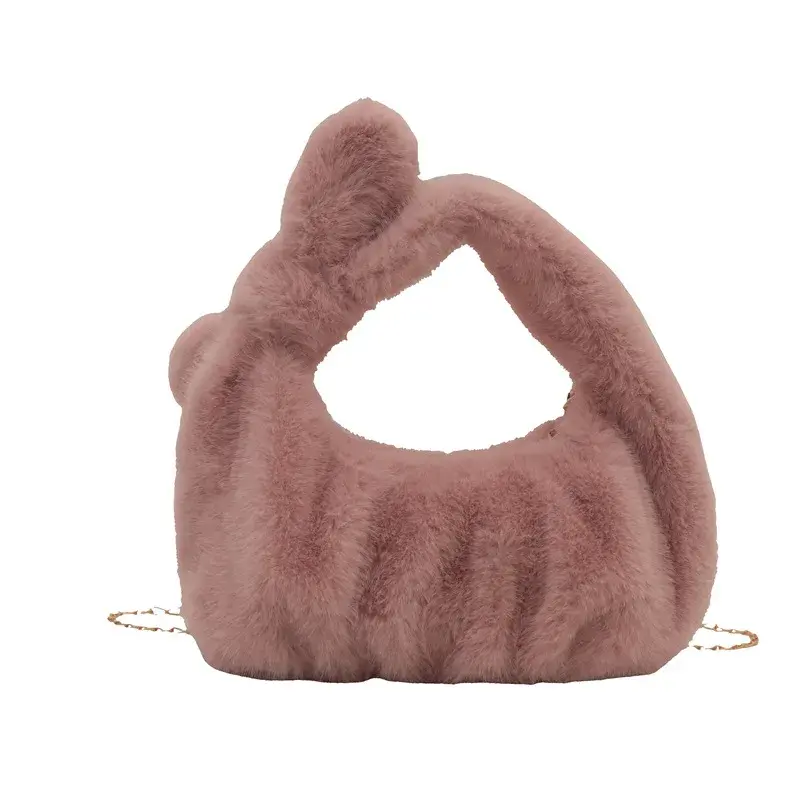 Solid Color Pleated Women's Handbags Faux Fur Shoulder Bag Winter Fashion Ladies Small Tote Plush Female Chain Crossbody Bags