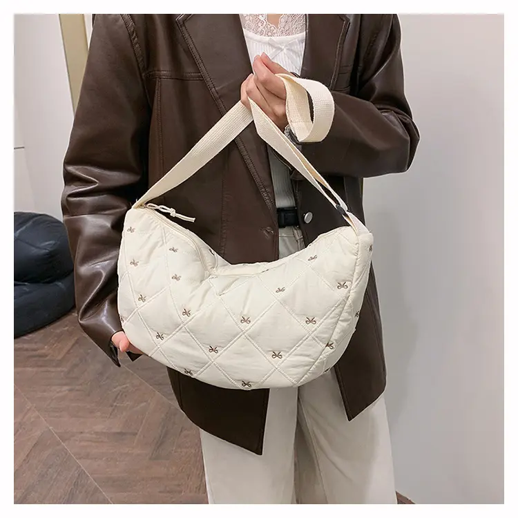 Sweet Bow Hobos Crossbody Bags for Women Quilted Plaid Ladies Shoulder Bag Casual Female Travel Handbags Underarm Bag Tote Purse