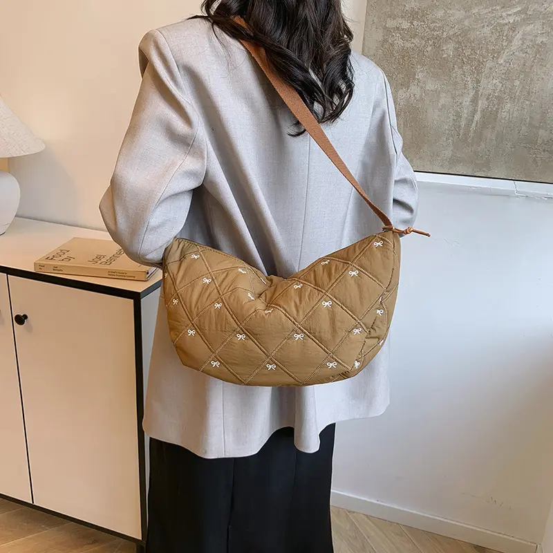 Sweet Bow Hobos Crossbody Bags for Women Quilted Plaid Ladies Shoulder Bag Casual Female Travel Handbags Underarm Bag Tote Purse