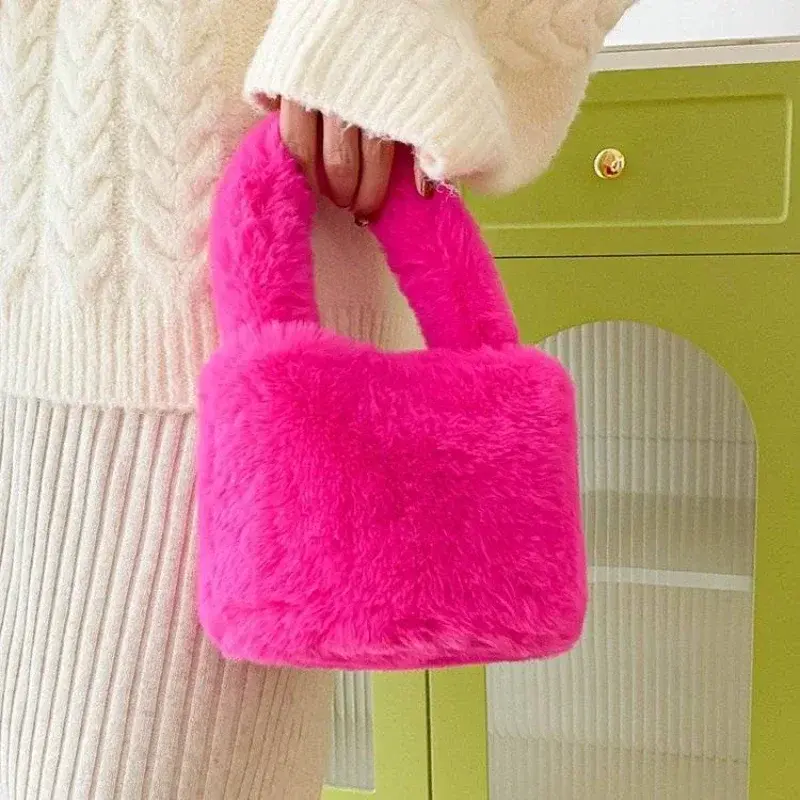Sweet Candy Solid Color Fake Fur Women's Handbag Simple Soft Plush Ladies Tote Bags Fashion Novel Winter Female Change Purse Bag