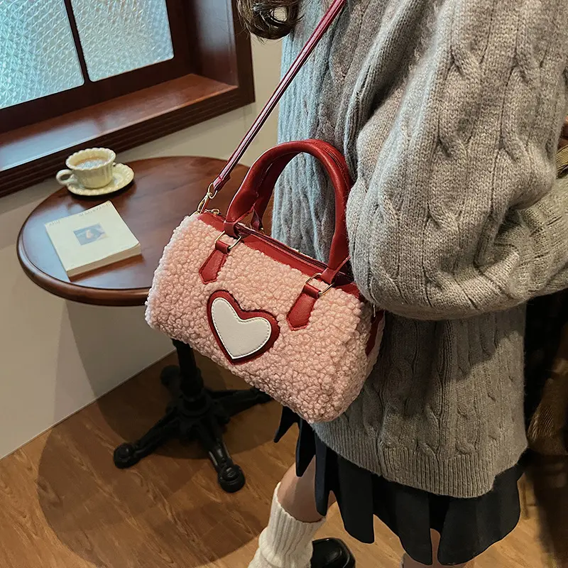 Winter Faux Lamb Wool Women's Top-handle Bags Fashion Ladies Shoulder Crossbody Bag Small Barrel-shaped Handbag Female Purse
