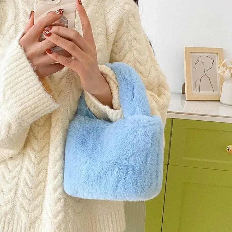 Sweet Candy Solid Color Fake Fur Women's Handbag Simple Soft Plush Ladies Tote Bags Fashion Novel Winter Female Change Purse Bag