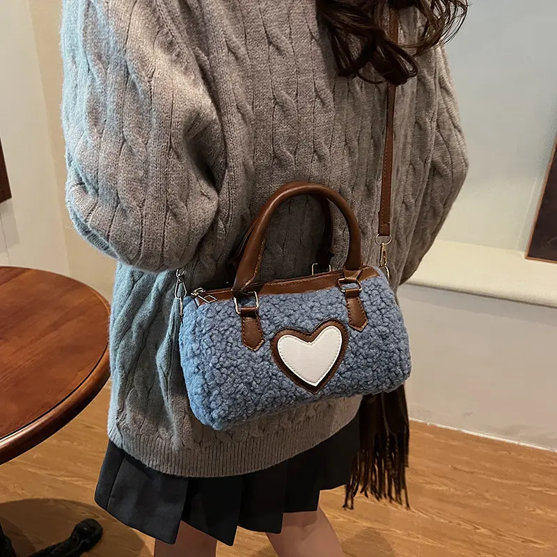 Winter Faux Lamb Wool Women's Top-handle Bags Fashion Ladies Shoulder Crossbody Bag Small Barrel-shaped Handbag Female Purse
