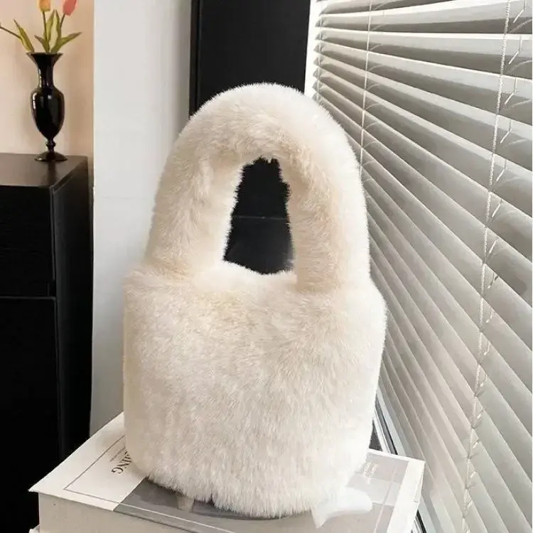 Sweet Candy Solid Color Fake Fur Women's Handbag Simple Soft Plush Ladies Tote Bags Fashion Novel Winter Female Change Purse Bag