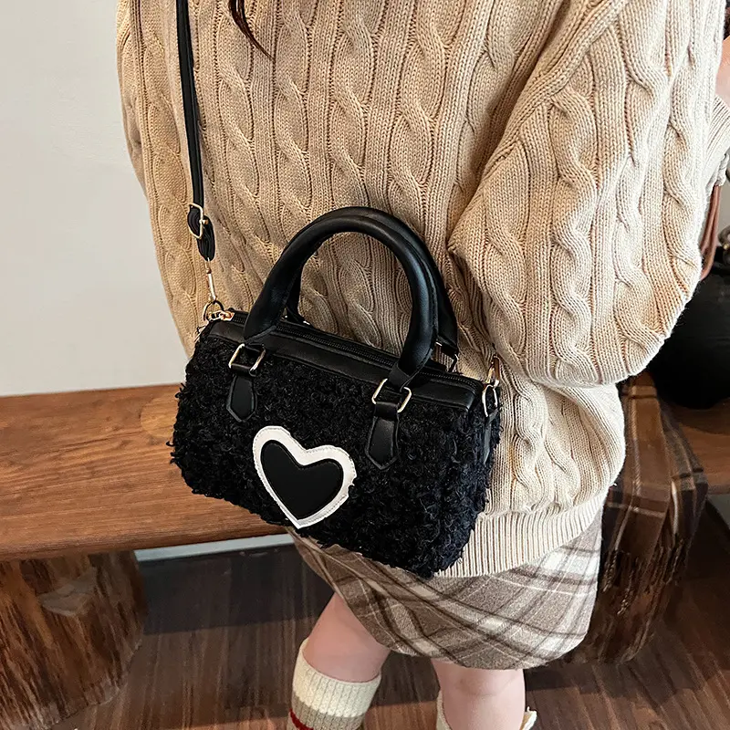 Winter Faux Lamb Wool Women's Top-handle Bags Fashion Ladies Shoulder Crossbody Bag Small Barrel-shaped Handbag Female Purse