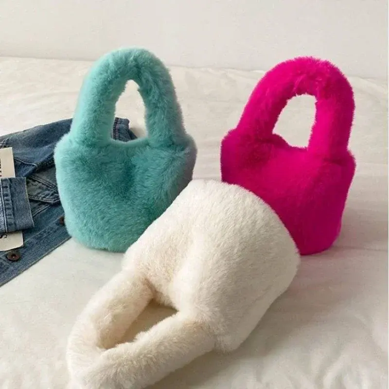 Sweet Candy Solid Color Fake Fur Women's Handbag Simple Soft Plush Ladies Tote Bags Fashion Novel Winter Female Change Purse Bag