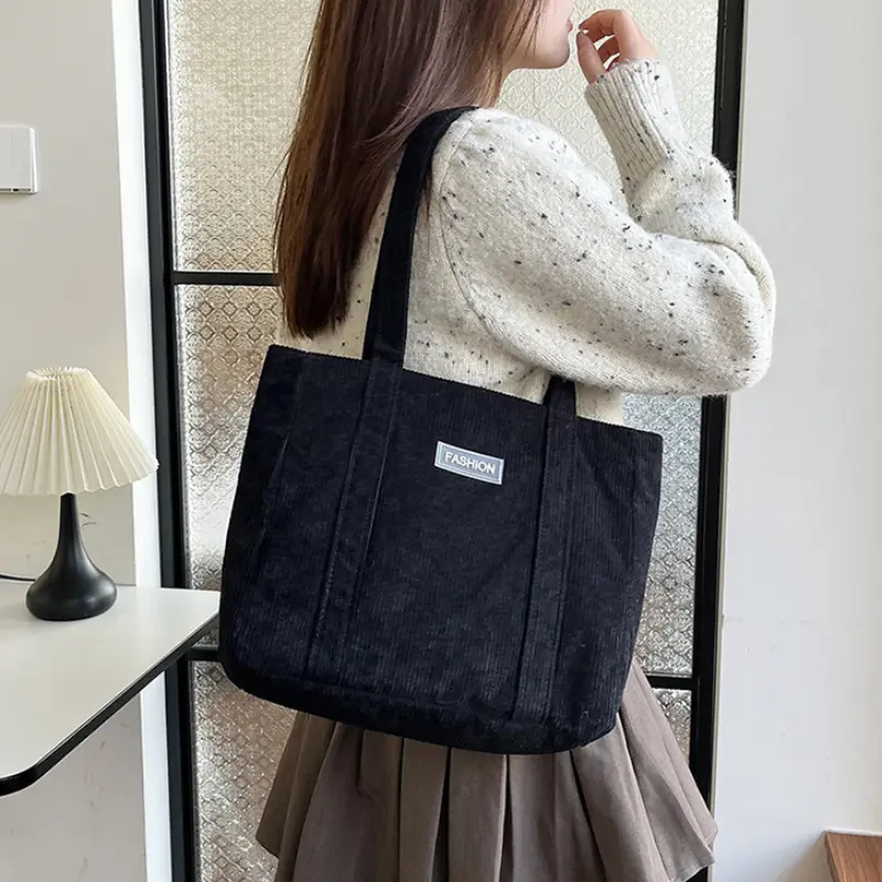 Corduroy Large Capacity Shoulder Bag Women's Solid Color Underarm Bag Ladies Shopping Tote Fashion Vintage Female Handbags