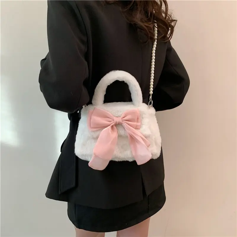 Sweet Bow Women's Faux Fur Shoulder Bags Fashion Pearl Chain Ladies Plush Crossbody Bag Simple Female Fluffy Purse Handbags
