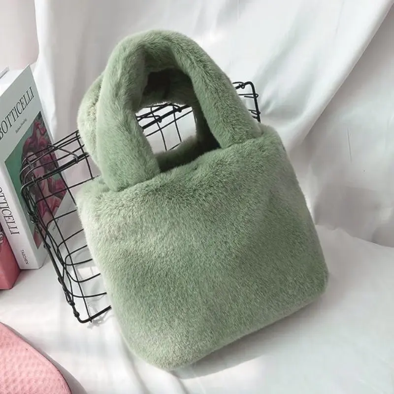 Candy Color Ladies Faux Fur Shoulder Bags Soft Plush Purse Handbags for Women Winter Fashion Female Furry Small Square Tote Bag