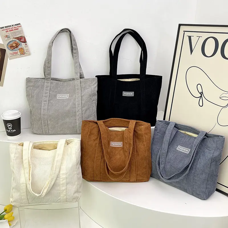 Corduroy Large Capacity Shoulder Bag Women's Solid Color Underarm Bag Ladies Shopping Tote Fashion Vintage Female Handbags