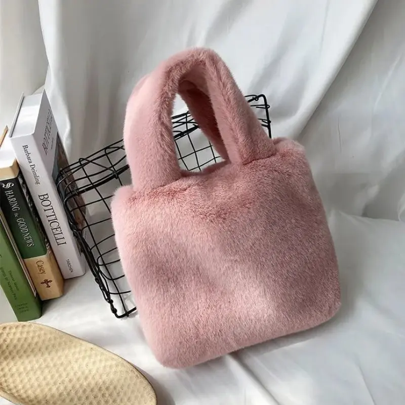 Candy Color Ladies Faux Fur Shoulder Bags Soft Plush Purse Handbags for Women Winter Fashion Female Furry Small Square Tote Bag