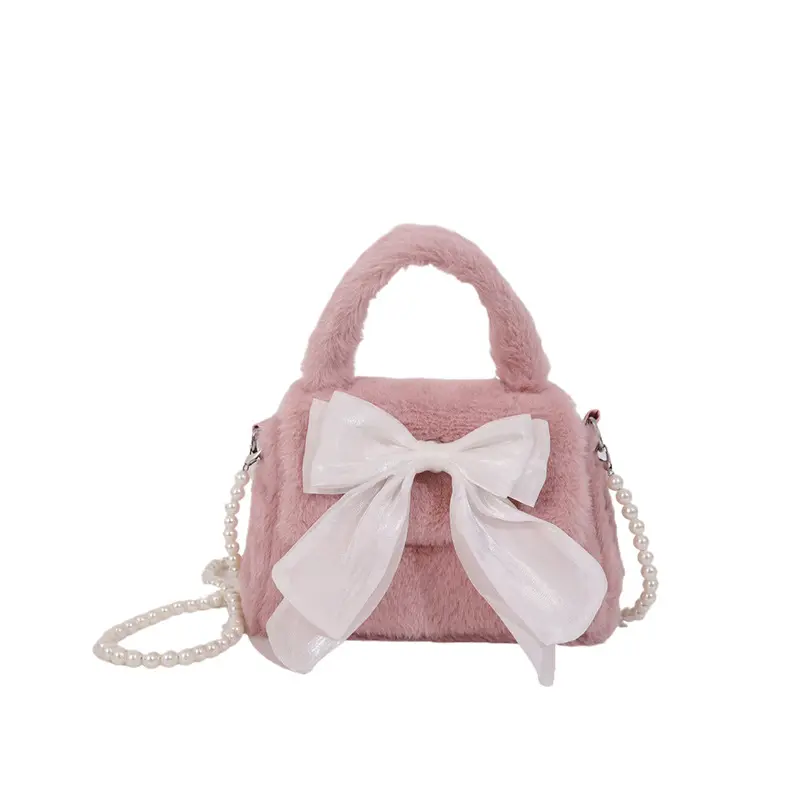 Sweet Bow Women's Faux Fur Shoulder Bags Fashion Pearl Chain Ladies Plush Crossbody Bag Simple Female Fluffy Purse Handbags