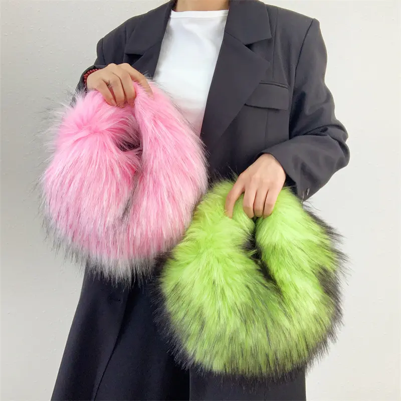 Luxury Faux Fur Hobos Handbags Fluffy Plush Shoulder Bag for Women Winter Fashion Female Furry Underarm Bags Chain Crossbody Bag