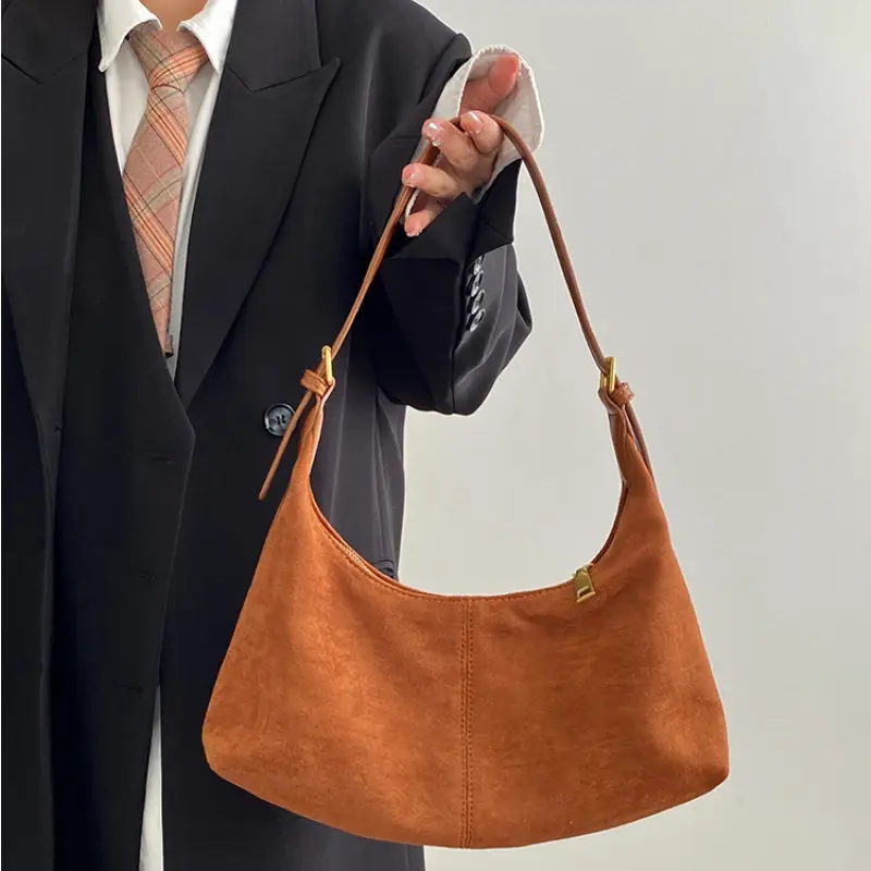 Vintage Velvet Sweet Cool Ladies Shoulder Bag Fashion Solid Color Faux Suede Women's Underarm Bags Simple Retro Female Handbag