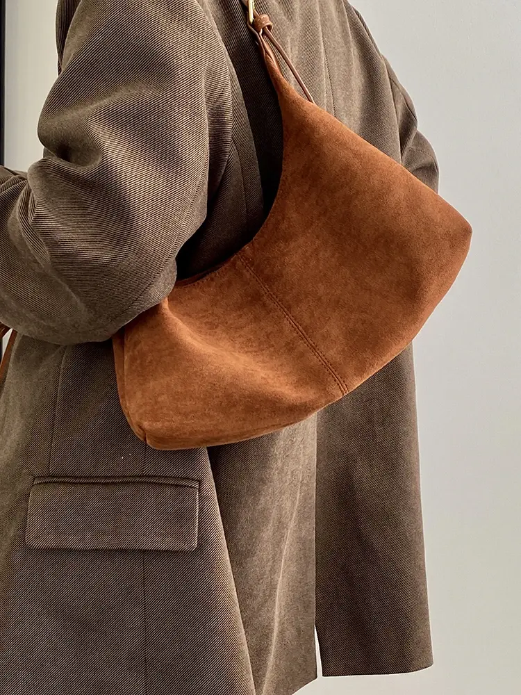 Vintage Velvet Sweet Cool Ladies Shoulder Bag Fashion Solid Color Faux Suede Women's Underarm Bags Simple Retro Female Handbag