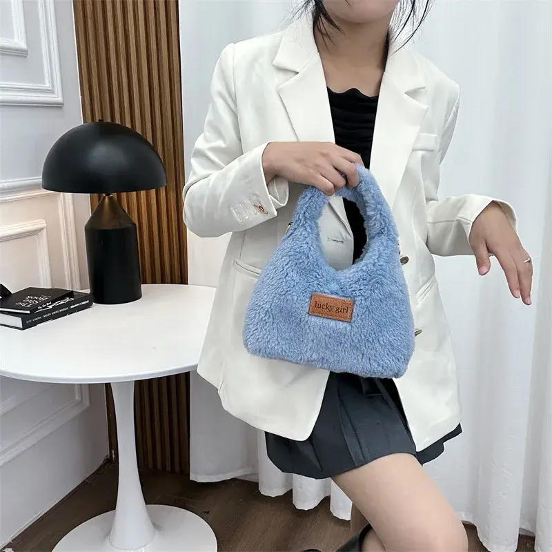 Faux Lamb Wool Women's Hobos Clutch Handbags Simple Letter Plush Female Tote Shoulder Bags Ladies Chain Fluffy Crossbody Bag