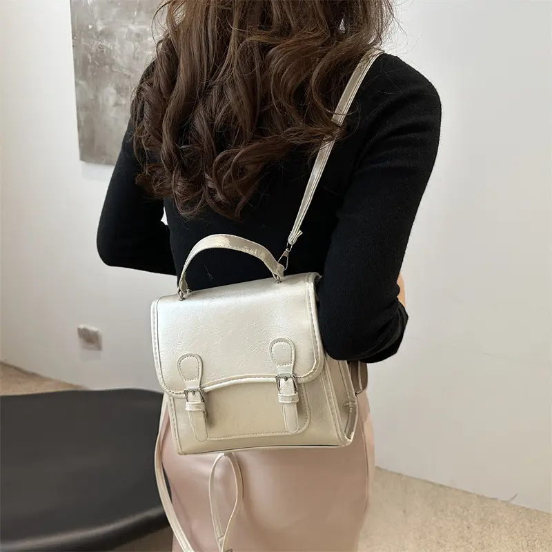 Fashion College Style Women's Backpack Casual Solid Color Ladies Shoulder Bags Soft Pu Leather Simple Female Purse Handbags