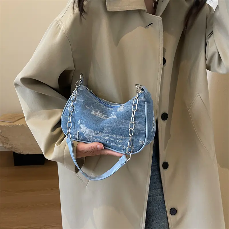 Retro Design Women's Chain Shoulder Bag Soft Denim Female Underarm Bag Handbags Fashion Ladies Small Square Tote Purse Bags