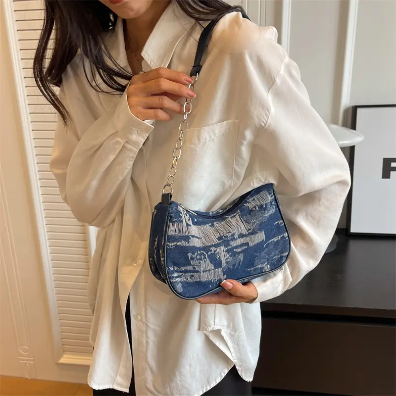 Retro Design Women's Chain Shoulder Bag Soft Denim Female Underarm Bag Handbags Fashion Ladies Small Square Tote Purse Bags