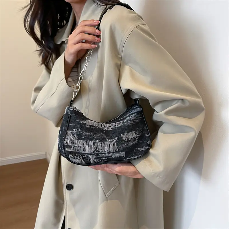 Retro Design Women's Chain Shoulder Bag Soft Denim Female Underarm Bag Handbags Fashion Ladies Small Square Tote Purse Bags
