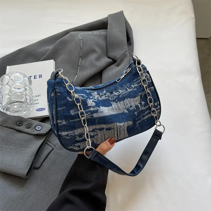 Retro Design Women's Chain Shoulder Bag Soft Denim Female Underarm Bag Handbags Fashion Ladies Small Square Tote Purse Bags