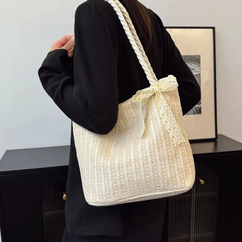 Summer Fashion Lace Ribbon Women Straw Shoulder Bags Large Capacity Ladies Handbags Casual Commuter Ladies Armpit Bag Tote