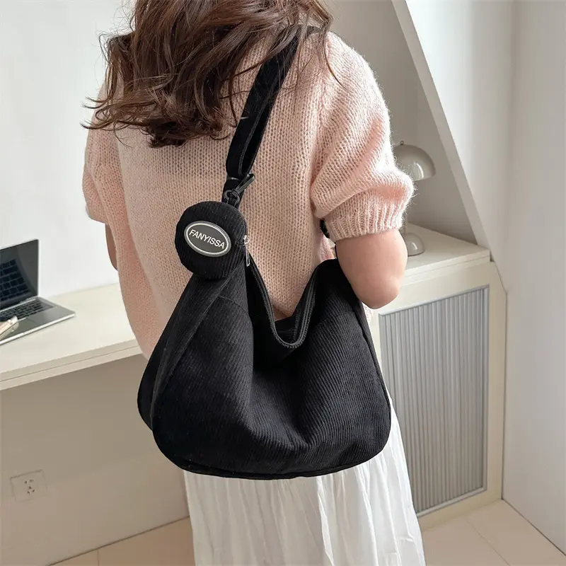 Large Capacity College Girls Simple Book Shoulder Bag Soft Corduroy Female Crossbody Bags Solid Colour Ladies Tote Purse Handbag