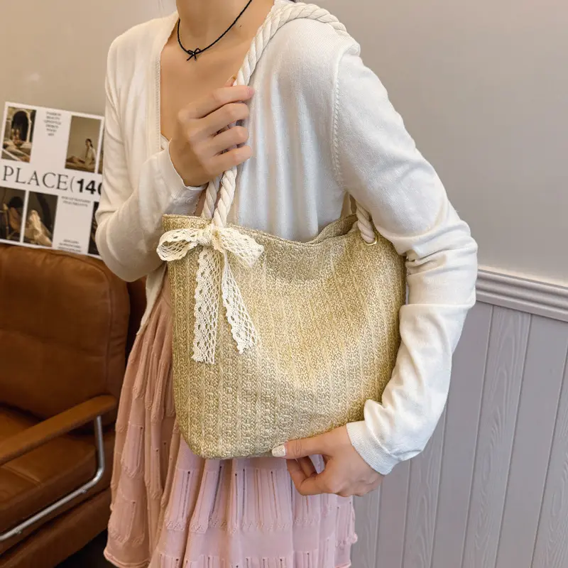 Summer Fashion Lace Ribbon Women Straw Shoulder Bags Large Capacity Ladies Handbags Casual Commuter Ladies Armpit Bag Tote
