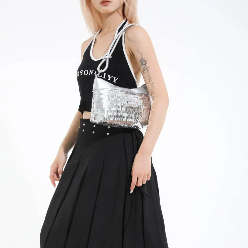 Casual Sequined Patchwork Women Shoulder Bags Simple Versatile Ladies Commuter Handbags Solid Color Cool Girl Underarm Bag Purse