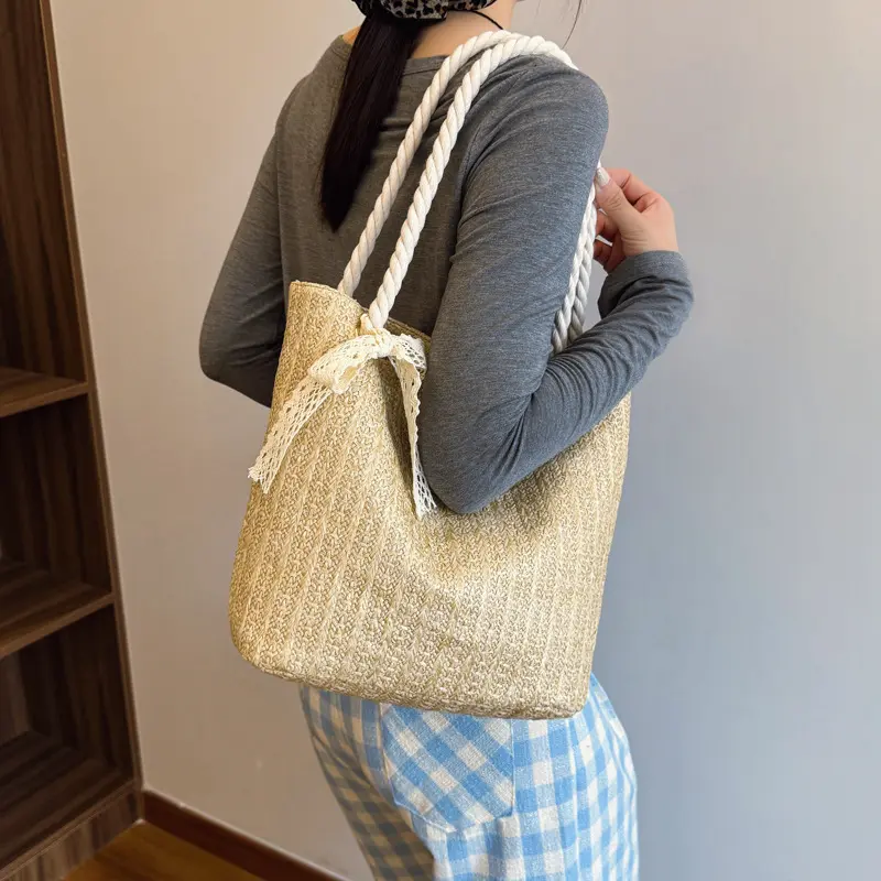 Summer Fashion Lace Ribbon Women Straw Shoulder Bags Large Capacity Ladies Handbags Casual Commuter Ladies Armpit Bag Tote