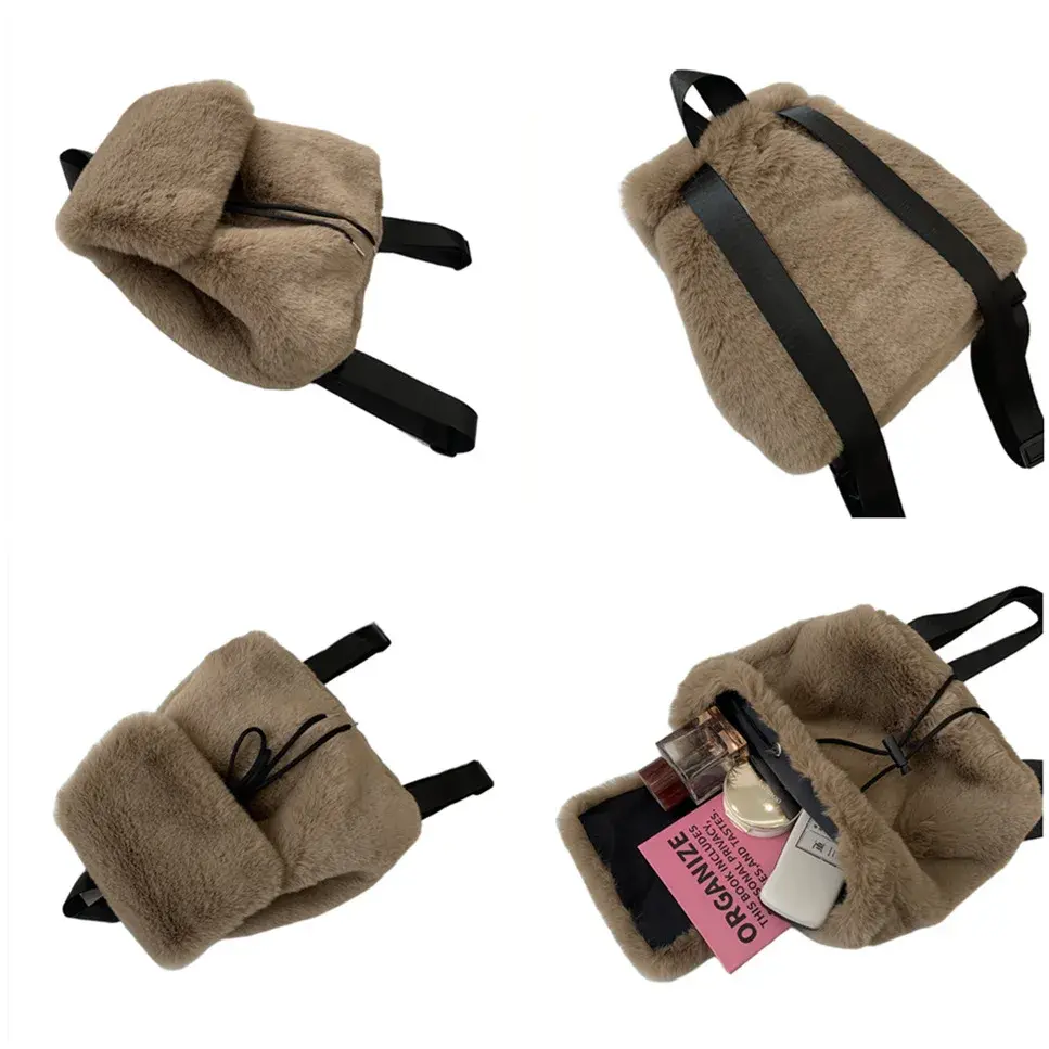 Fashion Luxury Fake Fur Women's Backpack Winter Soft Plush Ladies Schoolbag Solid Color Female Furry Shoulder Bags Handbags
