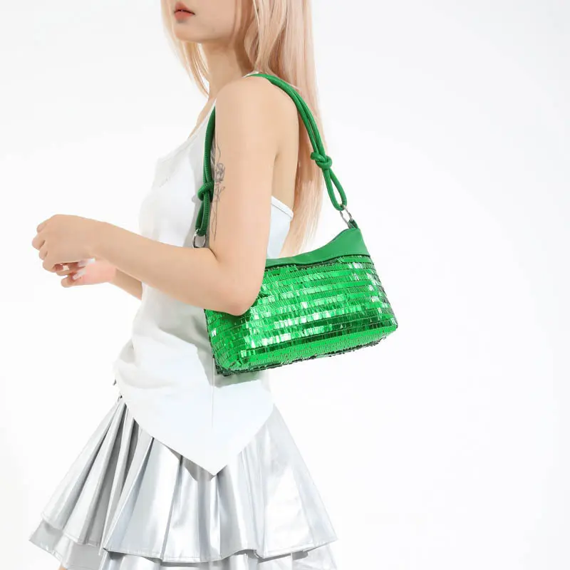 Casual Sequined Patchwork Women Shoulder Bags Simple Versatile Ladies Commuter Handbags Solid Color Cool Girl Underarm Bag Purse