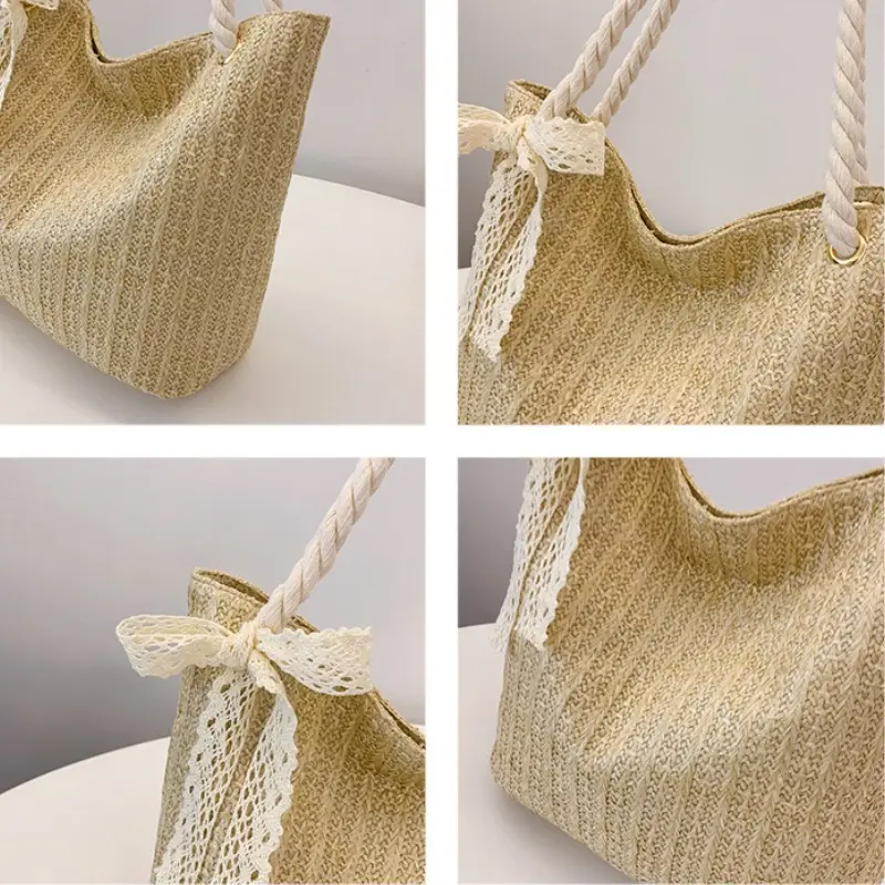 Summer Fashion Lace Ribbon Women Straw Shoulder Bags Large Capacity Ladies Handbags Casual Commuter Ladies Armpit Bag Tote