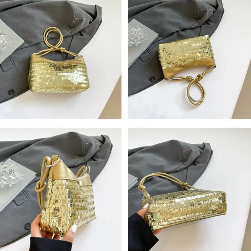 Casual Sequined Patchwork Women Shoulder Bags Simple Versatile Ladies Commuter Handbags Solid Color Cool Girl Underarm Bag Purse