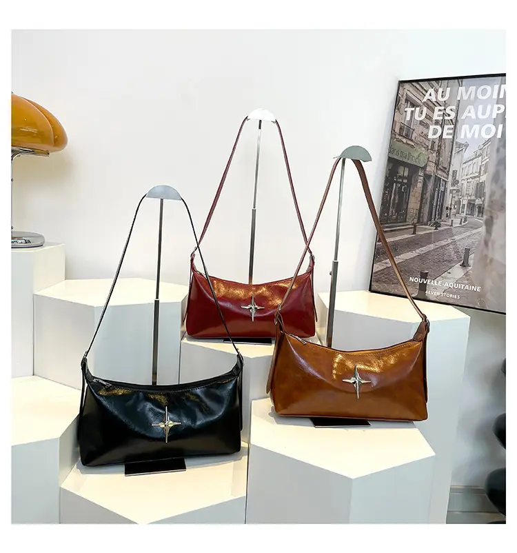 Casual Women's Hobos Shoulder Bags Portable Ladies Star Crossbody Bag Solid Color Soft Pu Leather Female Handbags Clutch Purse