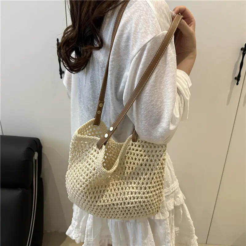 Large Capacity Knit Shoulder Bags for Women Versatile Ladies Beach Woven Underarm Bag Hollow Design Commuter Female Handbag Tote