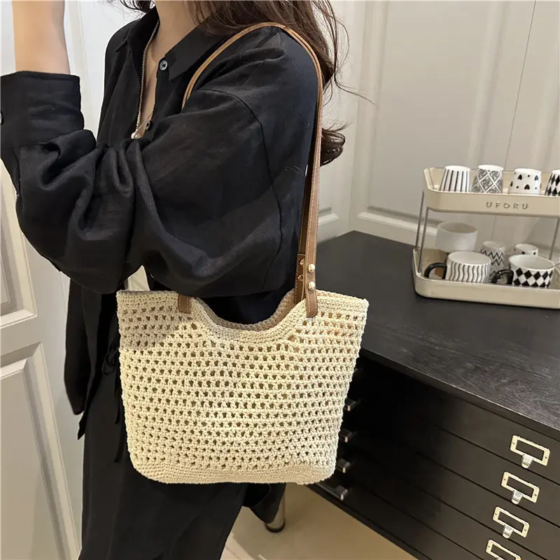 Large Capacity Knit Shoulder Bags for Women Versatile Ladies Beach Woven Underarm Bag Hollow Design Commuter Female Handbag Tote