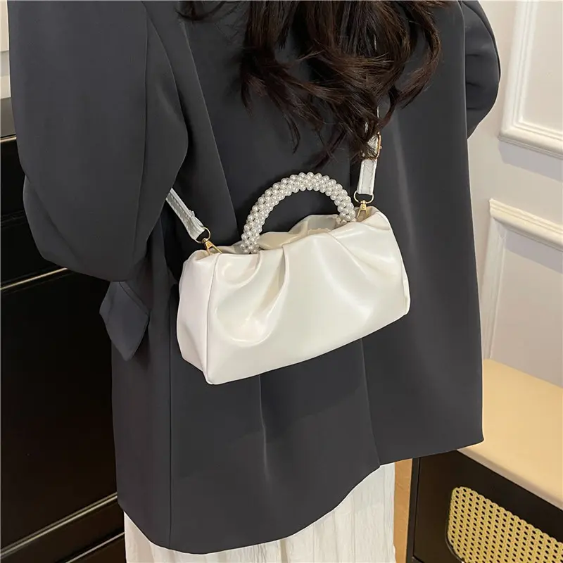 Fashion Pleated Design Women Shoulder Bags Solid Color Simple Ladies Crossbody Clutch Elegant Female Pearl Top-Handle Bag Purse